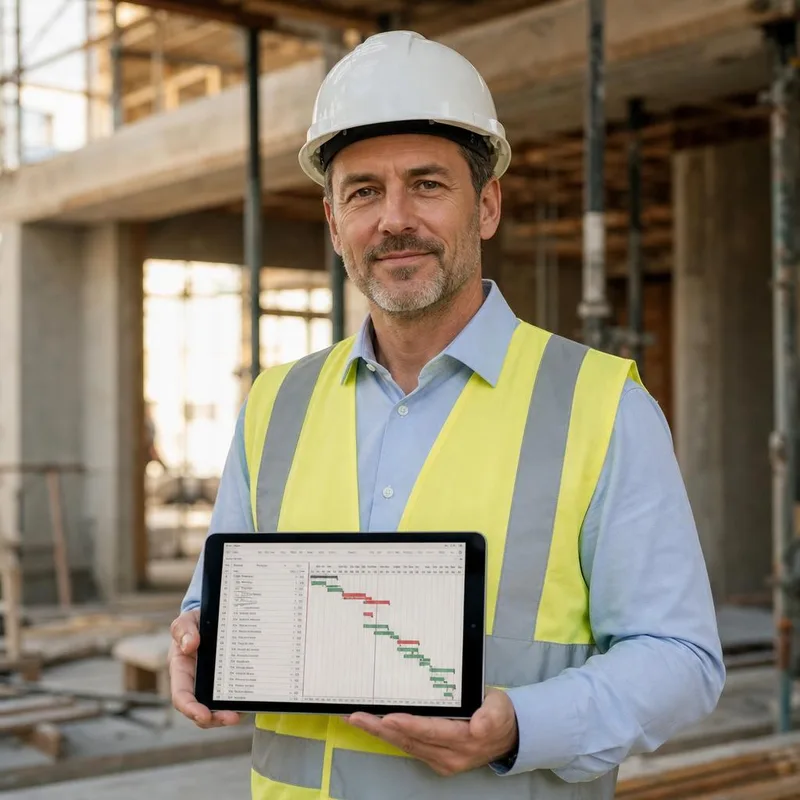 Project manager on site holding a tablet showing a construction programme, wearing a hard hat and hi-vis vest
