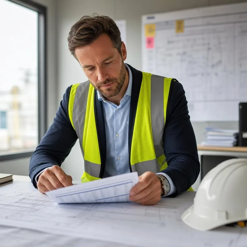Tender manager reviewing drawings and programme documents at a desk, hard hat beside them, planning a construction tender