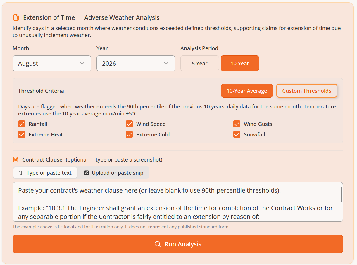 Potential extension-of-time analysis setup with month, historical period, weather criteria and optional contract clause