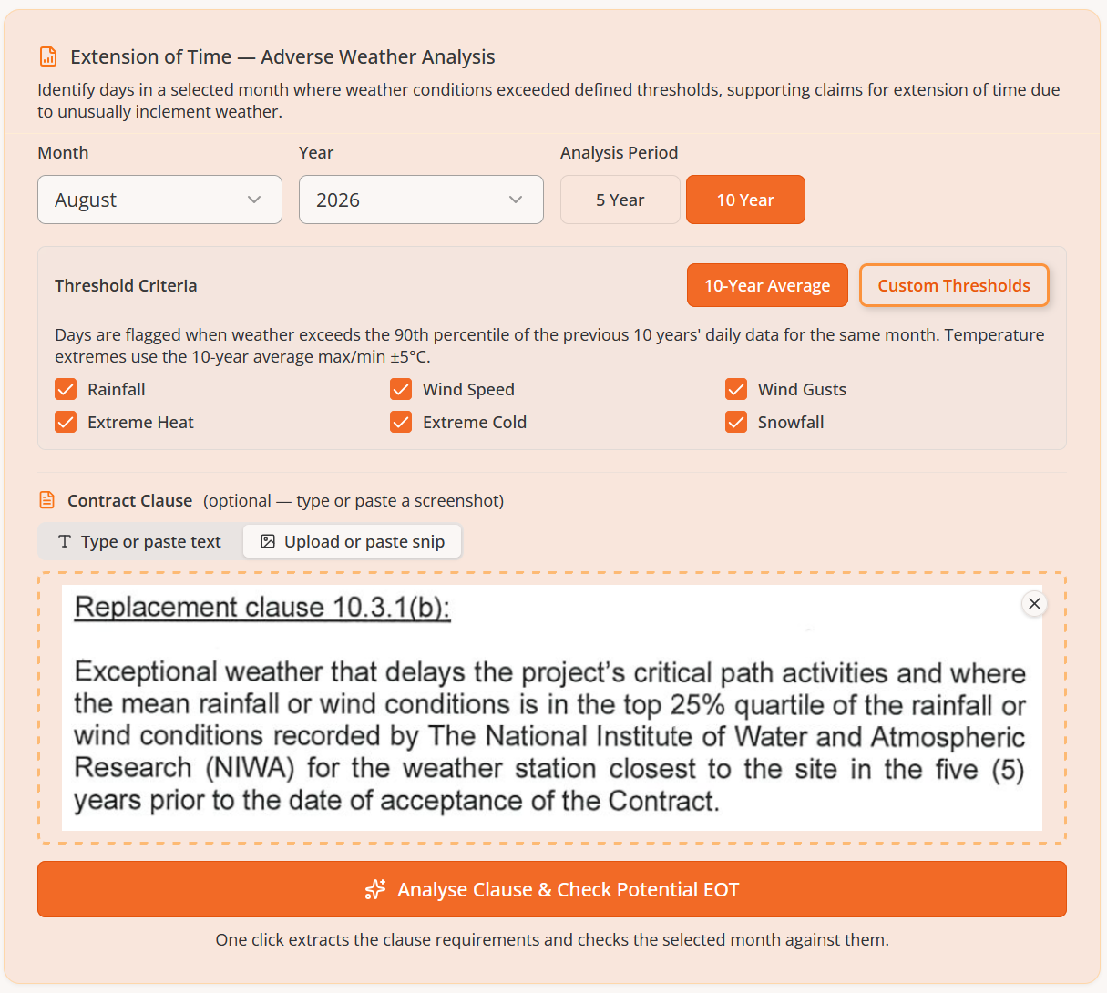 Extension-of-time analysis form with a contractor's own weather clause supplied as a screenshot
