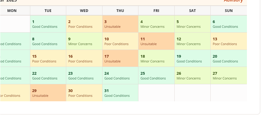 Advisory calendar showing weather risk days for selected month