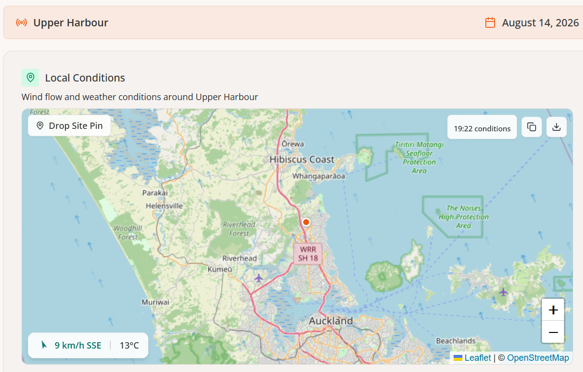 Local Conditions map showing animated wind-flow overlay centred on Upper Harbour, Auckland, with 9 km/h SSE wind and 13°C temperature readout