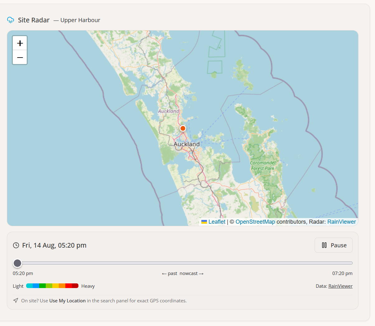 Rain radar panel showing site location with RainViewer overlay